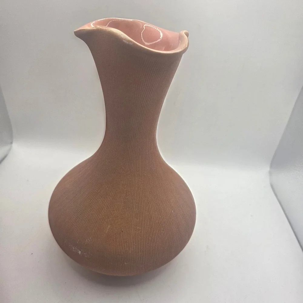 Vintage West Germany 963 Pottery Vase Pink Ribbed Wavy Rim Mid Century MCM